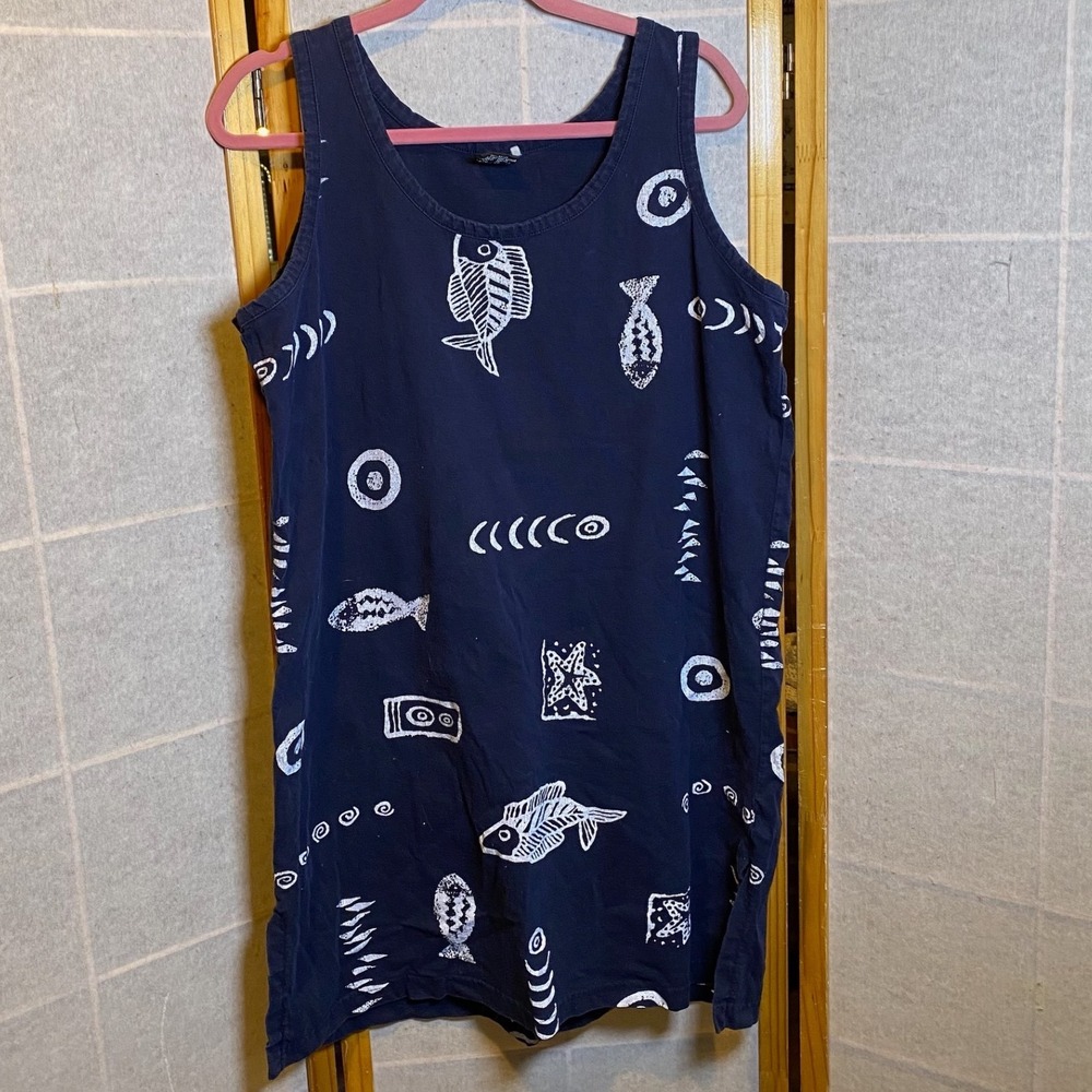 IG Sport Navy Blue Fish Sea‎ Life Print Tank Dress Sleeveless Nautical Cotton